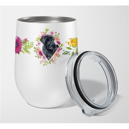 CAROLINES TREASURES Carolines Treasures CK4178TBL12 12 oz Giant Schnauzer Pink Flowers Stainless Steel Stemless Wine Glass CK4178TBL12